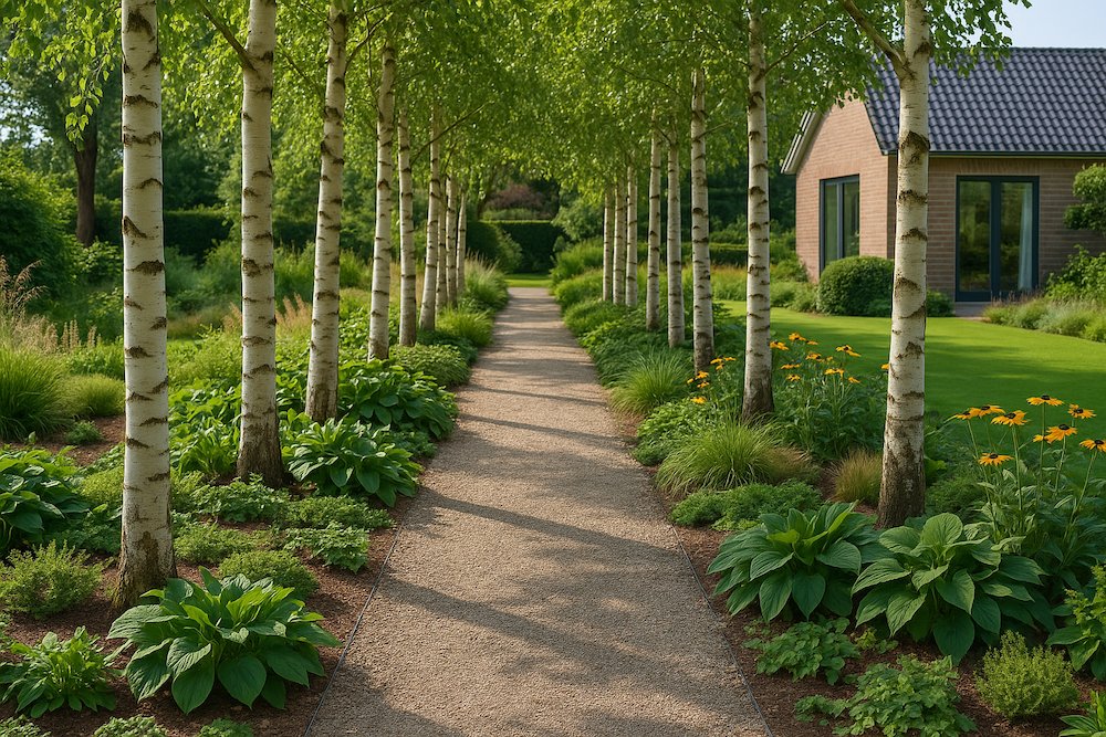 alejka z brzozami i roślinami przy domu 