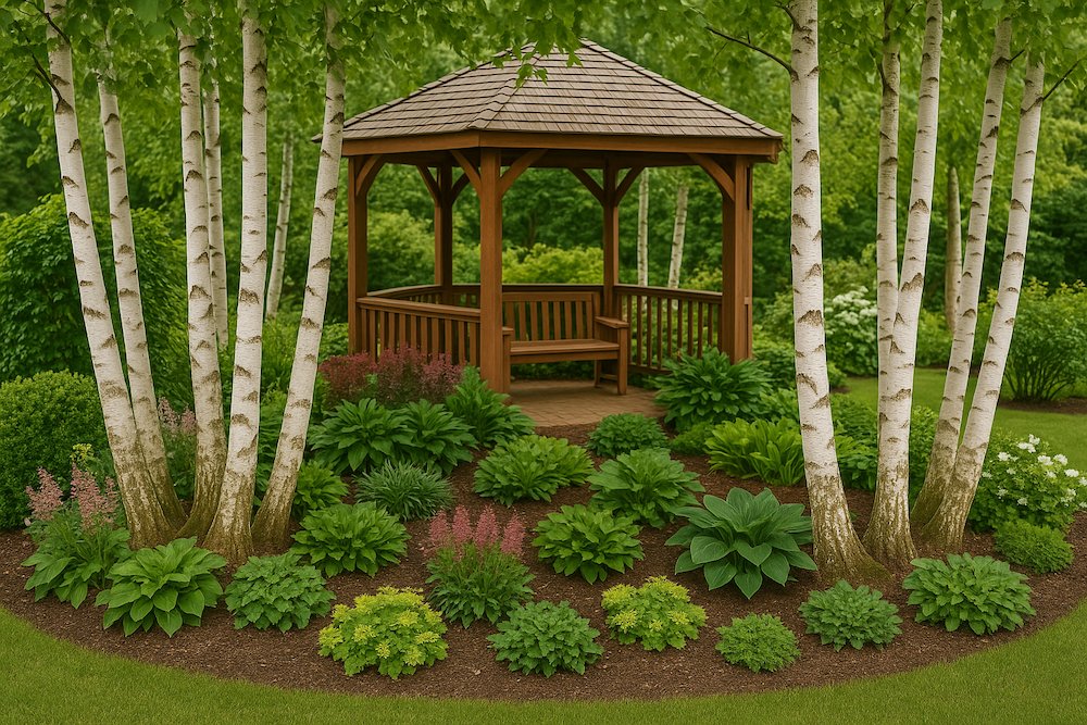 altana z brzozami i roślinami wokół 