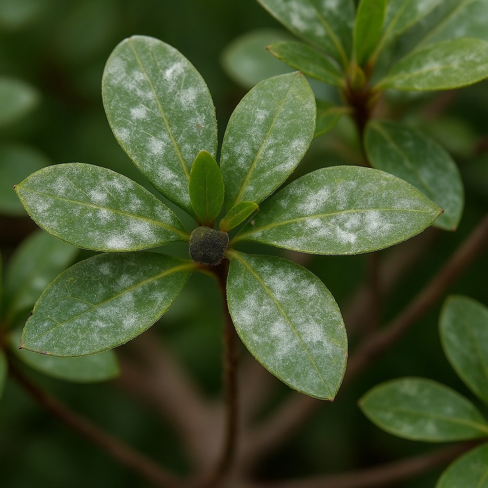 azalia na pniu - biały nalot na liściach 