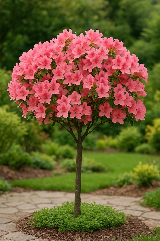 azalia na pniu z różowymi kwiatami w ogrodzie 