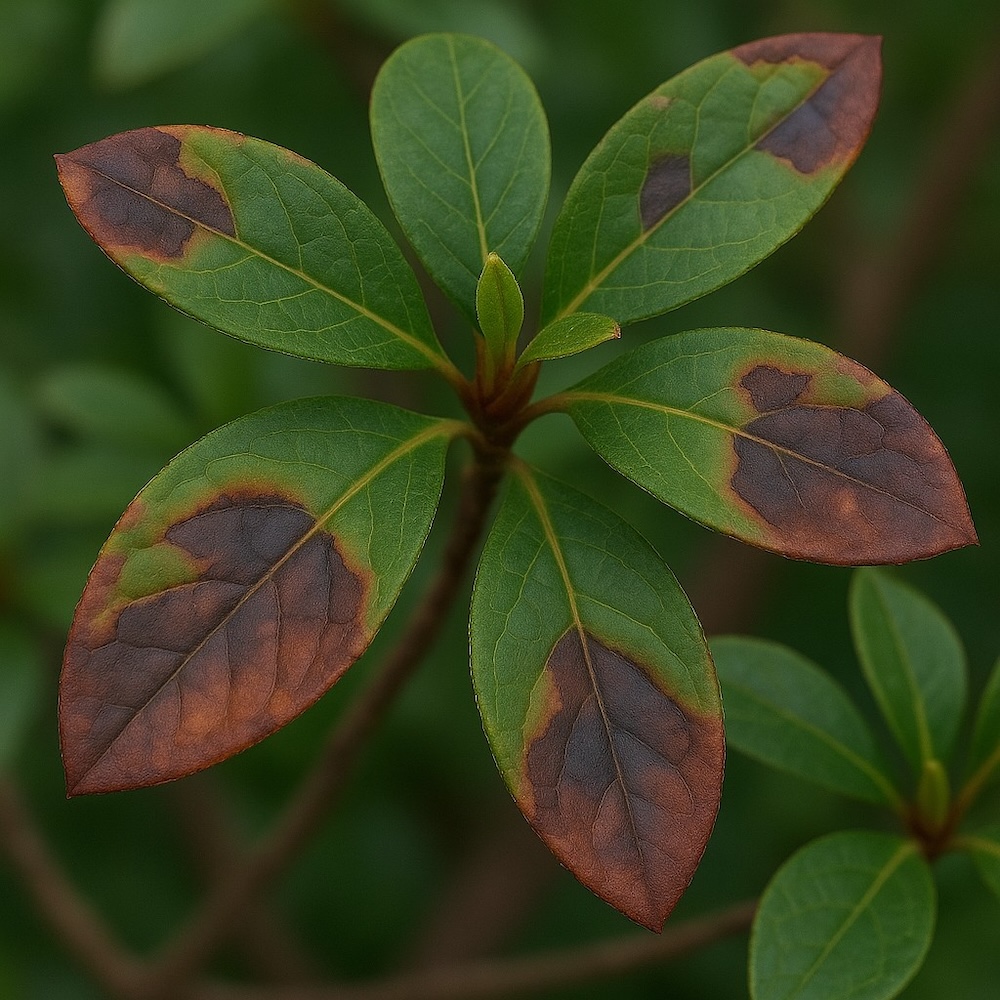 azalia z brązowymi przebarwieniami na liściach 