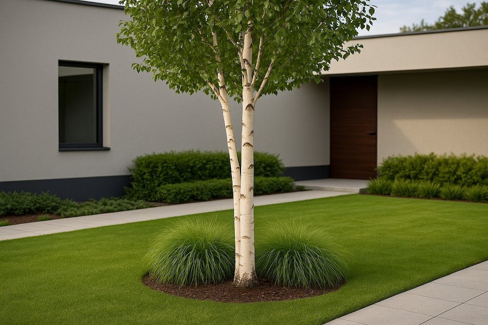 samotna brzoza w nowoczesnym ogrodzie przy domu 