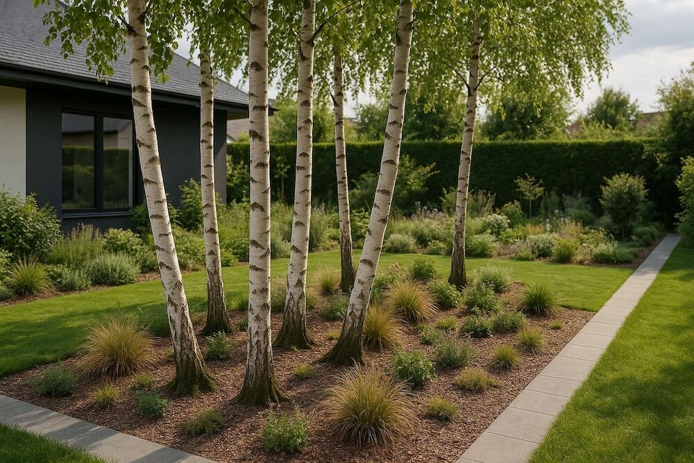 brzoza w ogrodzie z trawami ozdobnymi obok domu i ścieżki brzoza w ogrodzie na korze obok domu