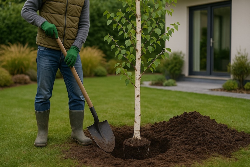 brzoza w ogrodzie - sadzenie drzewka w ziemi przy domu brzoza w ogrodzie - sadzenie w wykopanym dołku przy domu