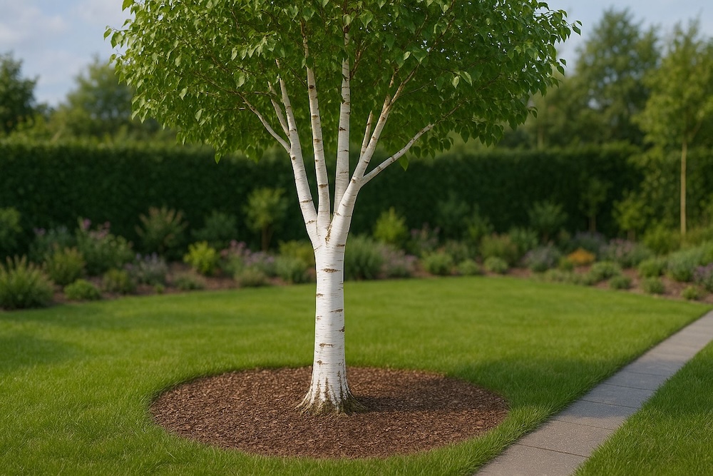 brzoza w ogrodzie z białą korą rosnąca na korze brzoza w ogrodzie - Betula utilis