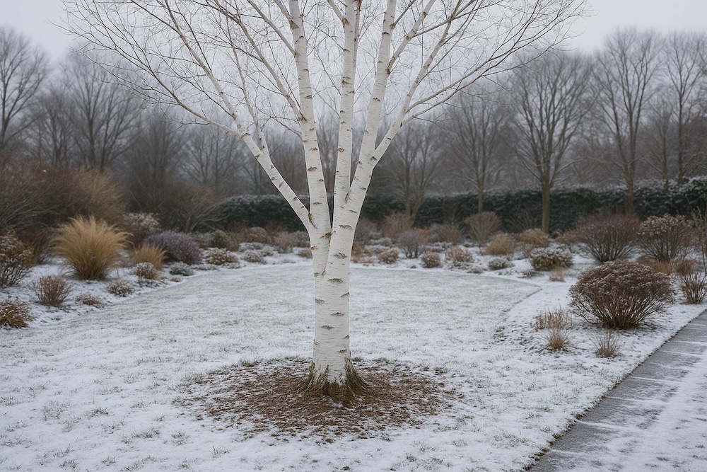 brzoza w ogrodzie bez liści z białym pniem brzoza w ogrodzie ośnieżonym zimą