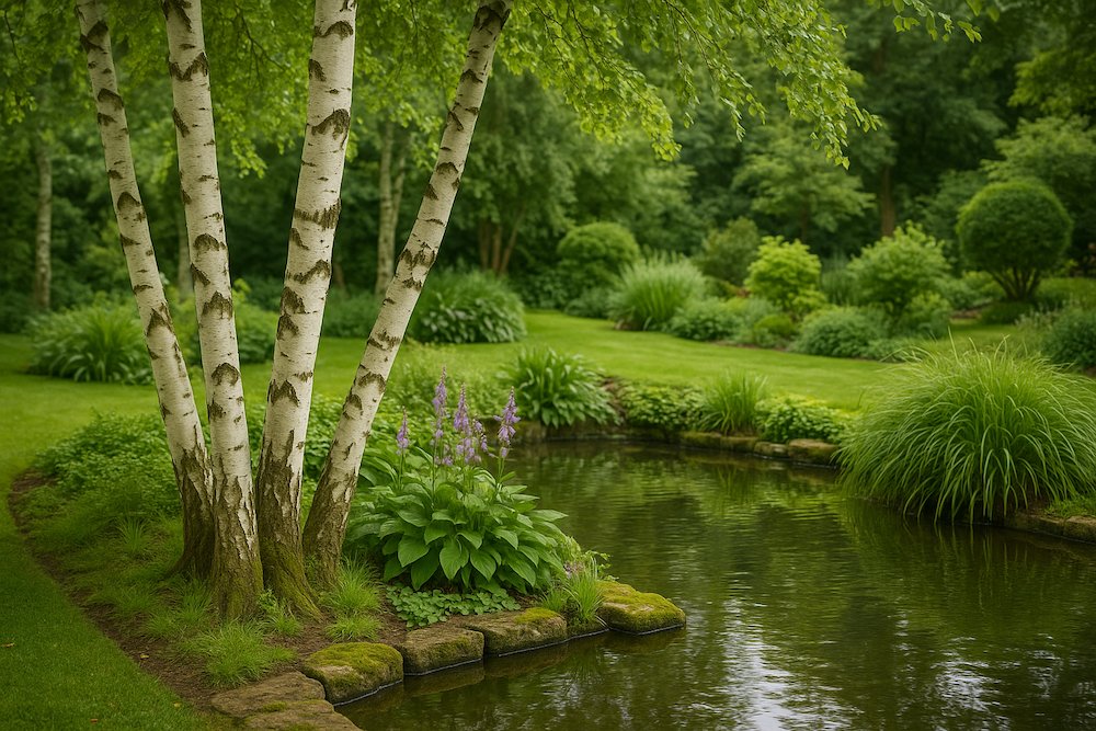 sadzawka z roślinami i brzozami w ogrodzie 