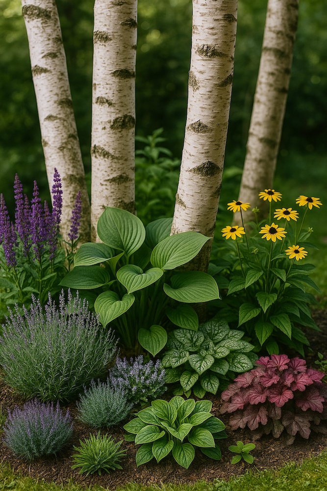 brzozy z wielokolorowymi bylinami 