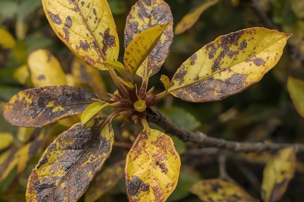 Bakterioza pędów na przykładzie rododendronu Bakterioza pędów na rododendronie