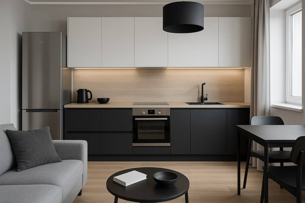 Mała kuchnia w bloku - ciemne szafki na małym metrażu