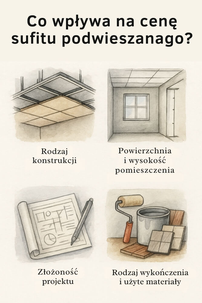 infografika prezentująca co wpływa na cenę sufitu podwieszanego