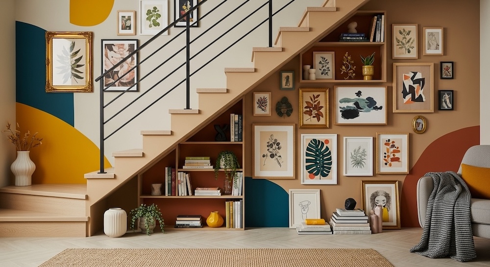 obrazy i grafiki w ramach pod schodami na ścianie galeria z plakatami w ramach i dekoracjami na ścianie pod schodami