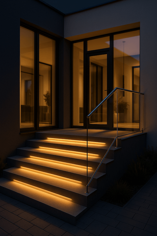 schody zewnętrzne ze szklaną balustradą i podświetleniem led schody zewnętrzne z podświetleniem ledowym