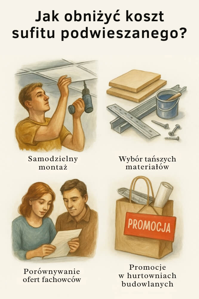 infografika prezentująca jak obniżyć koszt sufitu podwieszanego