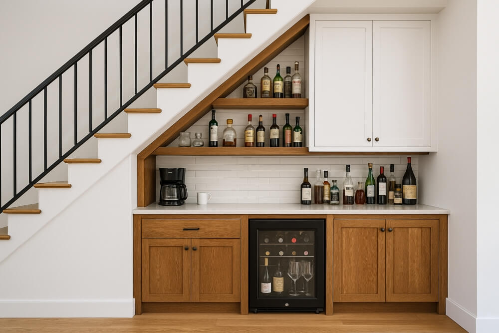 barek i kącik kawowy zagospodarowane pod schodami