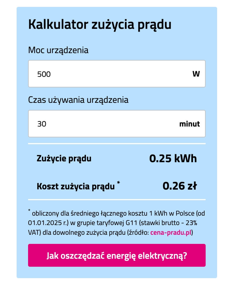 kalkulator zużycia prądu na przykładzie tauron