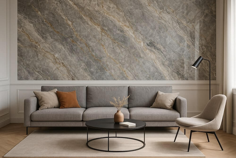 Ściany w salonie - kamień lub spiek