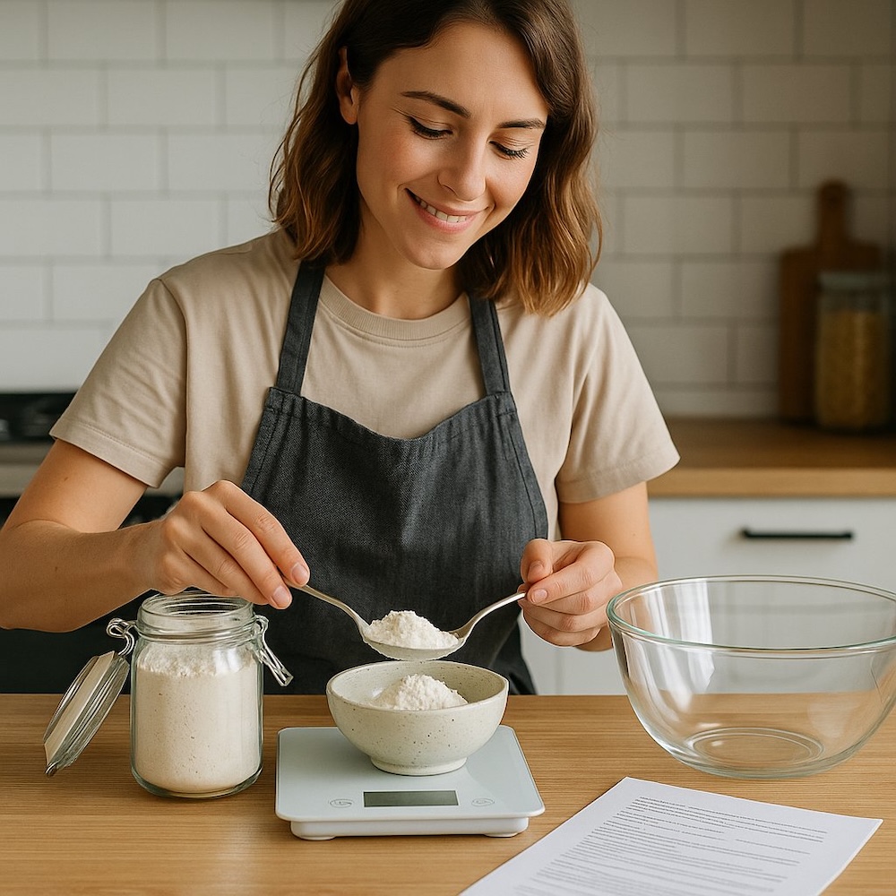 kobieta odmierzająca mąkę na wadze w kuchni kobieta ważąca mąkę na wadze w kuchni