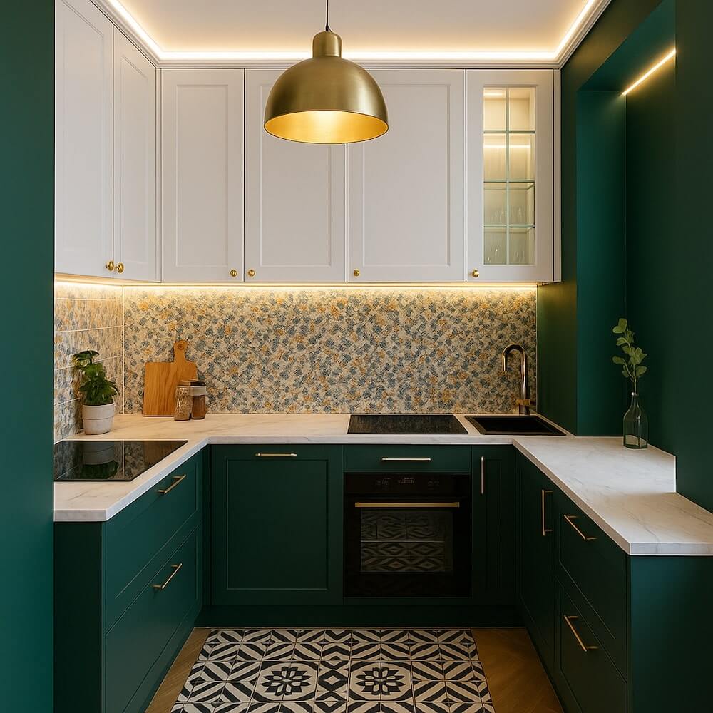 Mała kuchnia w bloku w odważnych kolorach 