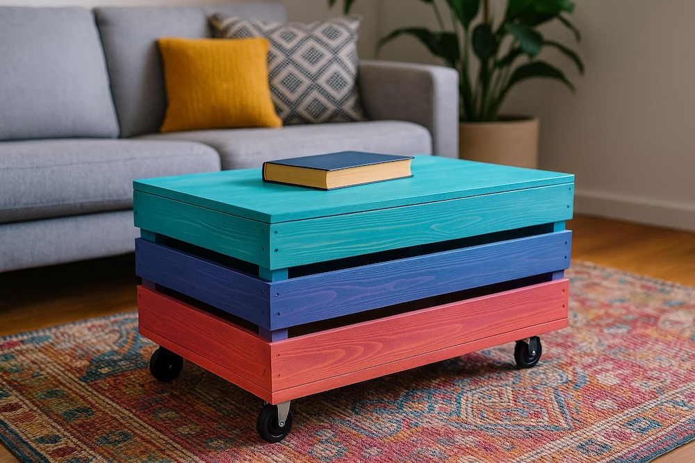 stolik w salonie z kolorowej skrzyni pomalowana skrzynia z kółkami - stolik w salonie