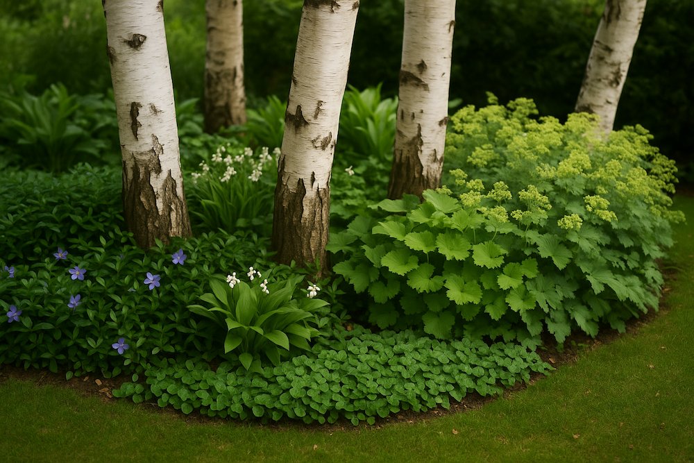 rośliny pnące rosnące wokół brzóz 