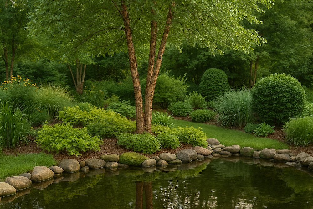 kompozycje brzozy w ogrodzie z ciemnym pniem nad wodą 