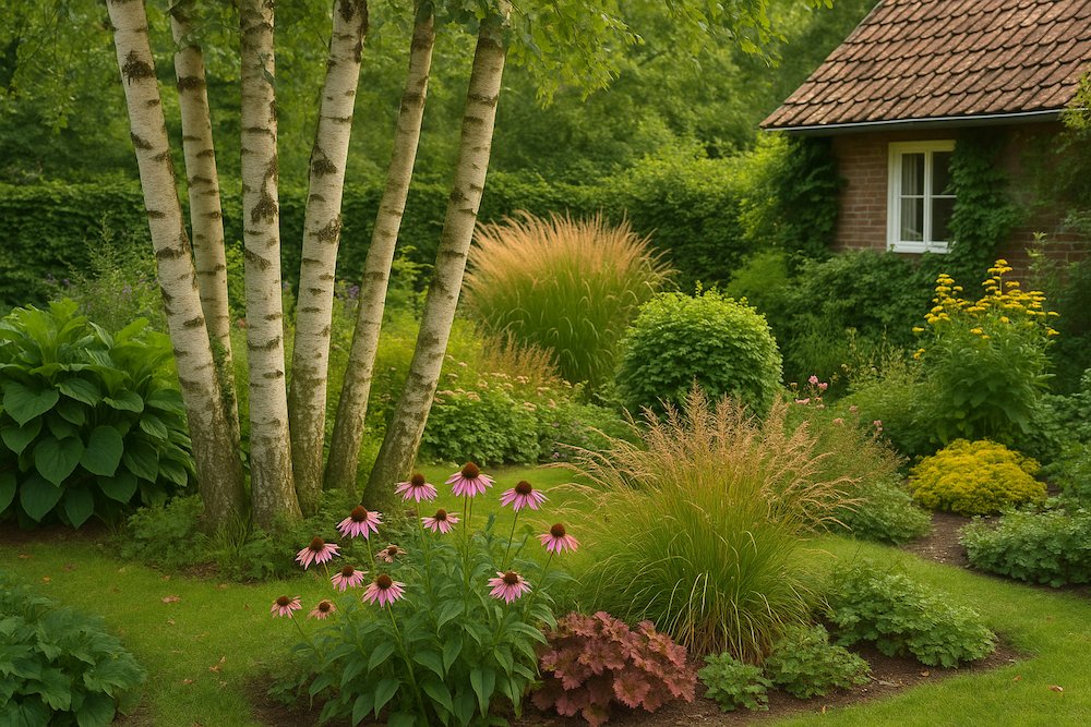 kompozycje brzozy w ogrodzie w stylu rustykalnym z innymi roślinami 
