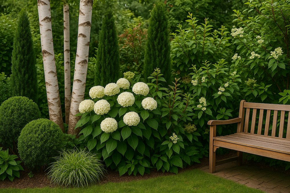 kompozycje brzozy w ogrodzie z krzewami obok ławki 