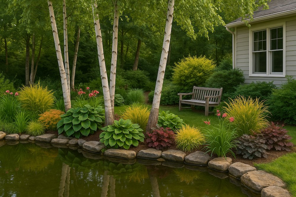 kompozycje brzozy w ogrodzie z kolorowymi bylinami nad wodą 