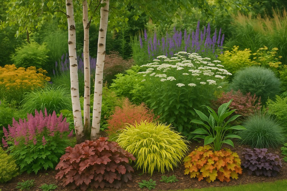 kompozycje brzozy w ogrodzie z kolorowymi odmianami 