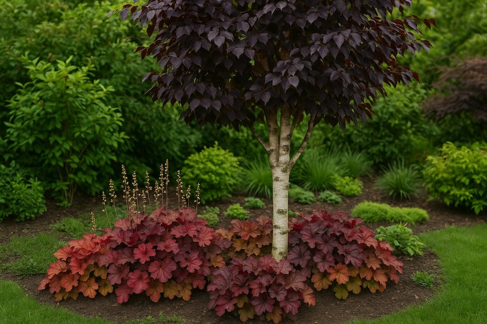 kompozycje brzozy w ogrodzie - odmiana ozdobna z ciemnymi liśćmi 