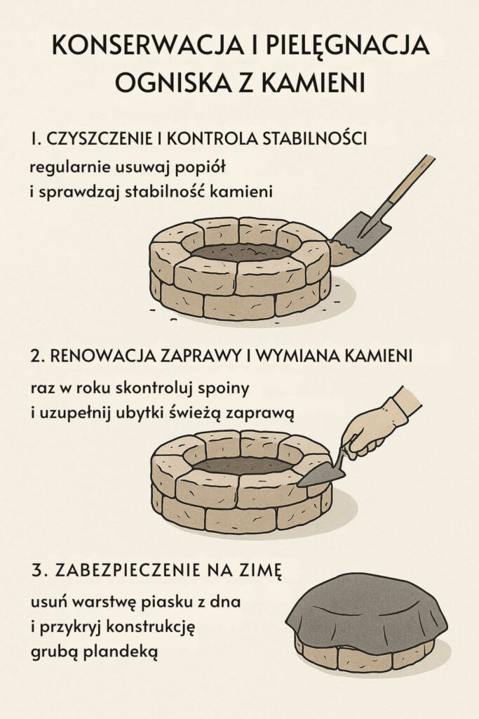 Ognisko w ogrodzie z kamieni - jak o nie dbać? Infografika Zasady konserwacji i pielęgnacji ogniska kamiennego w ogrodzie