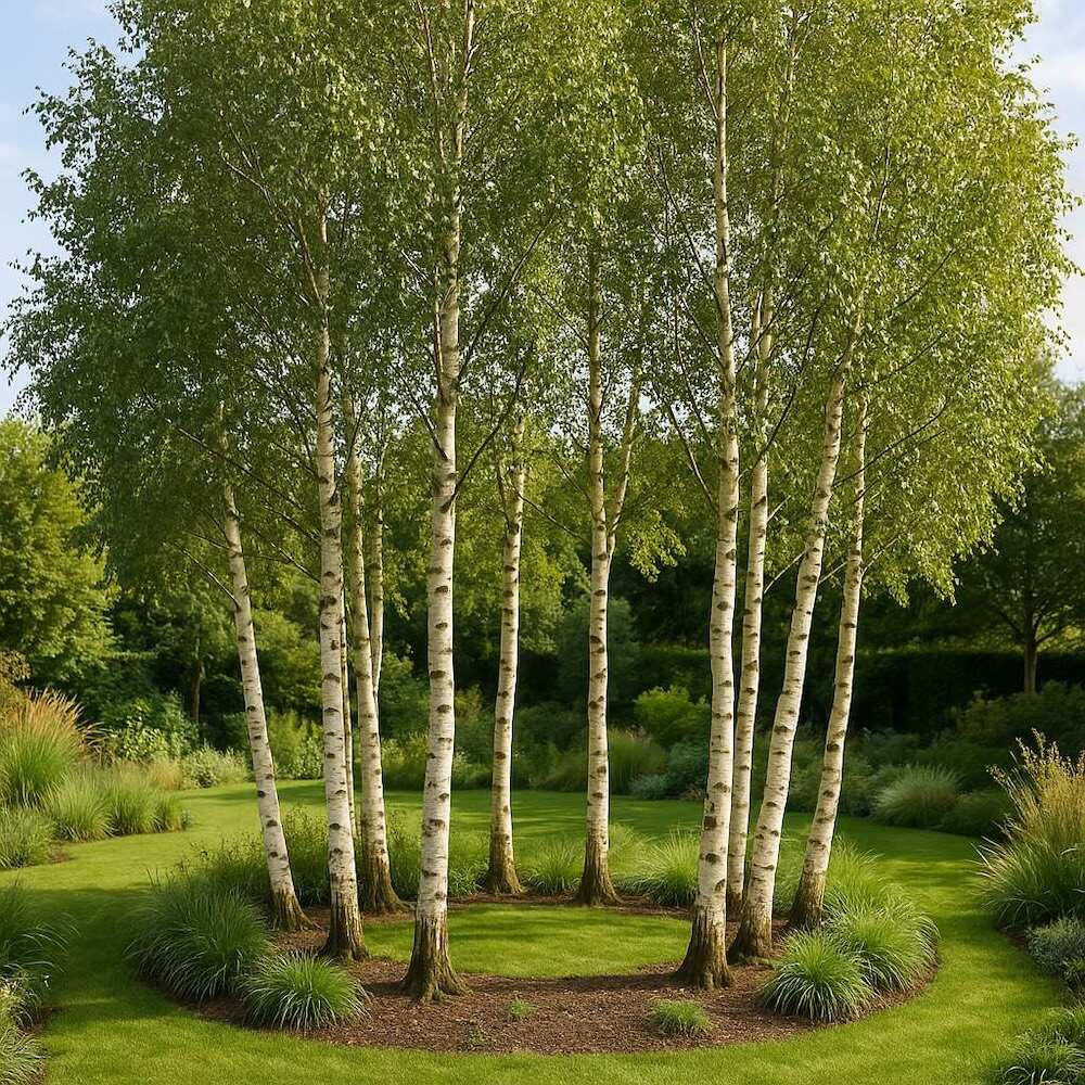 brzozy posadzone w kółku z trawami zagajnik brzozowy w ogrodzie z trawami