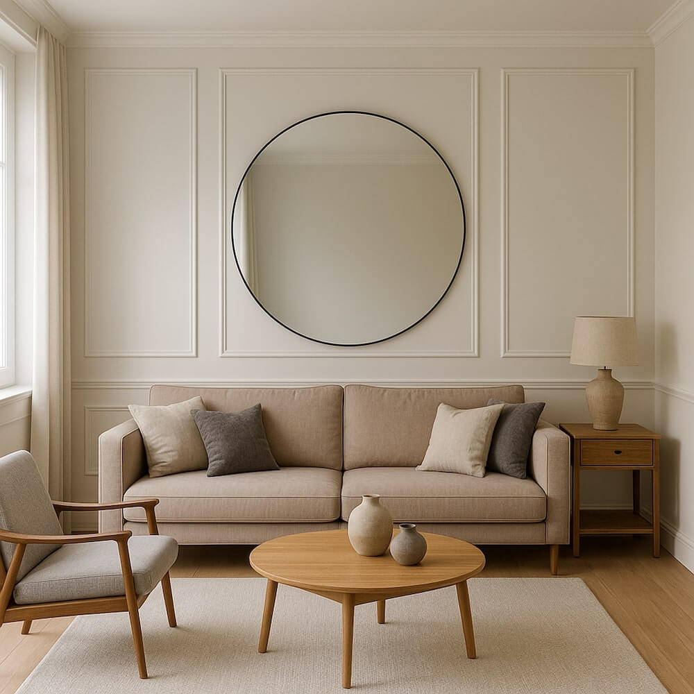 Ściany w salonie z lustrem dekoracyjnym 