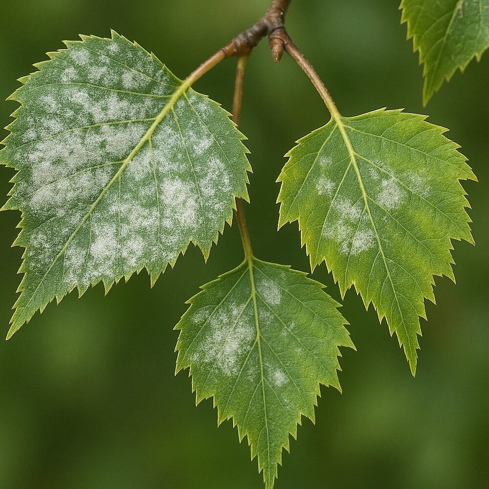 biały nalot na liściach brzozy - mączniak prawdziwy mączniak prawdziwy na liściach brzozy