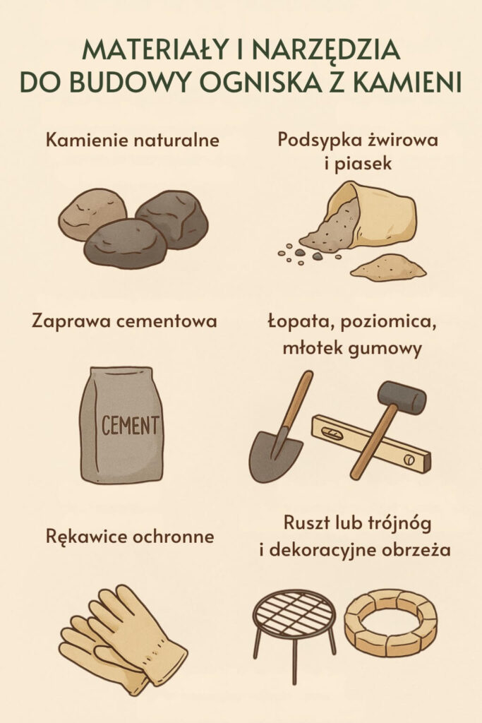 Kamienne palenisko - narzędzia i materiały niezbędne podczas jego budowy Ognisko w ogrodzie z kamieni - materiały i narzędzia do jego wykonania