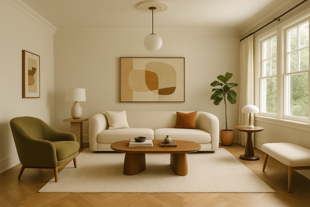 salon z dodatkiem mebli o opływowych kształtach