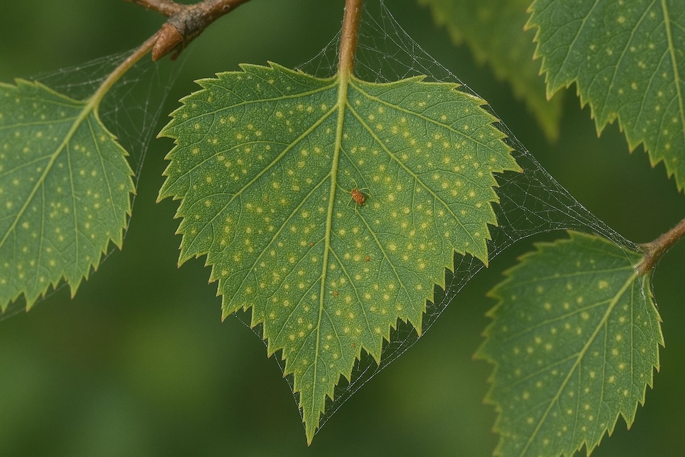 plamy i pajęczyna na liściach brzozy - przędziorki przędziorki na liściach brzozy