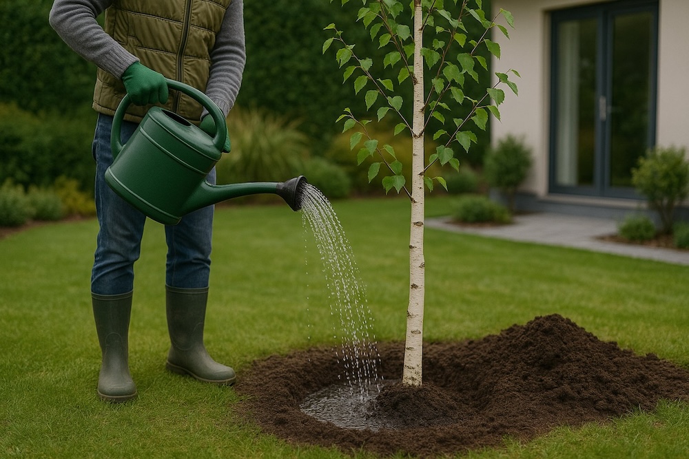 podlewanie brzozy wodą z konewki po zasadzeniu pierwsze podlewanie brzozy po zasadzeniu