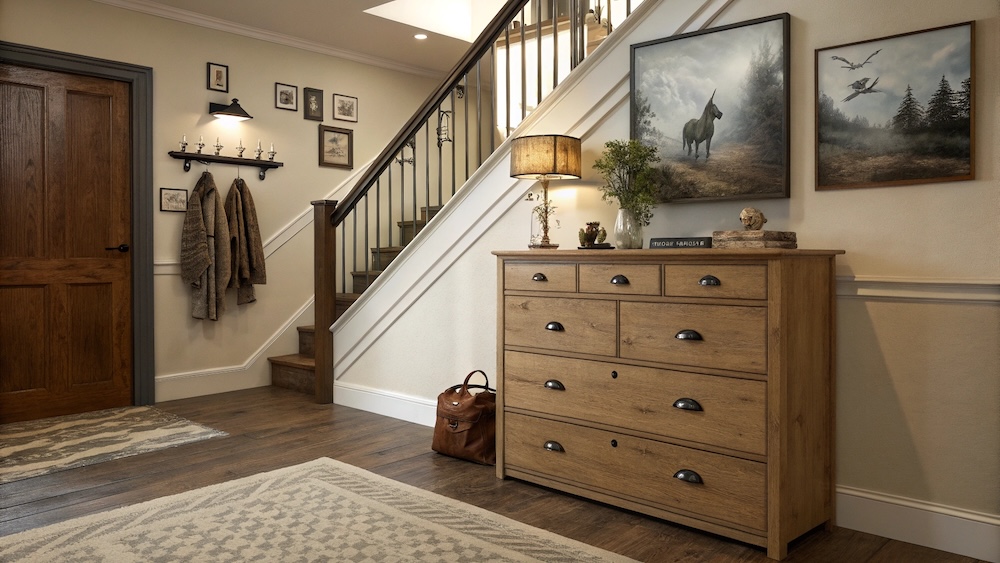 wysoka komoda z drewna i z uchwytami pod schodami przedpokój z komodą i dekoracjami pod schodami