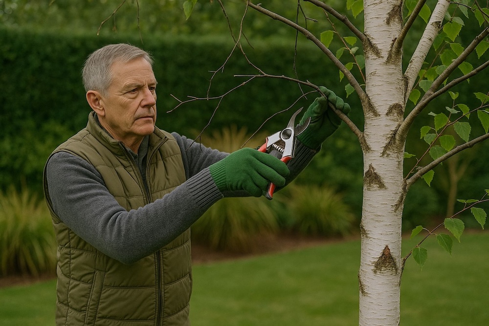 ucinanie suchych gałęzi brzozy sekatorem ucinanie gałęzi brzozy sekatorem