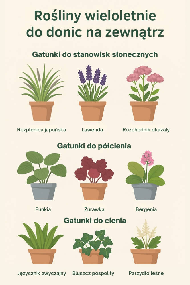 rośliny wieloletnie do donic na zewnątrz - przykłady
