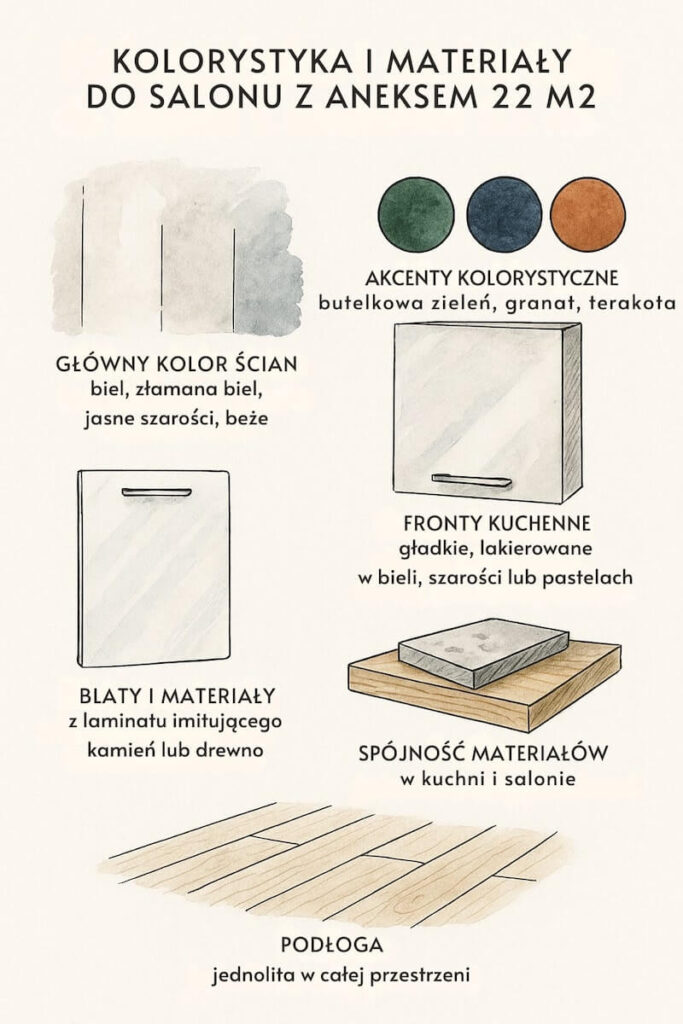 Materiały i kolory do aneksu w salonie Salon z aneksem kuchennym 22 m2 - kolorystyka i materiały