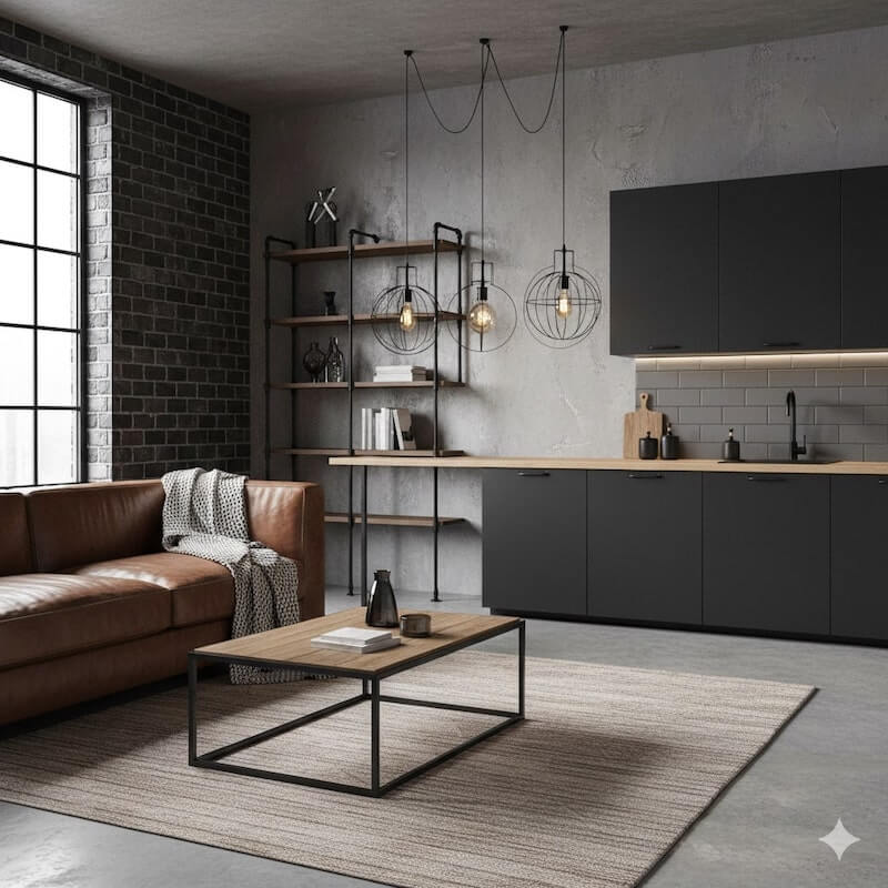 Industrialny salon z aneksem w bloku Salon z aneksem kuchennym 22 m2 - styl industrialny