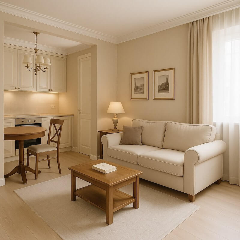 Salon z aneksem kuchennym 22 m2 w stylu klasycznym Salon z aneksem urządzony w stylu klasycznym