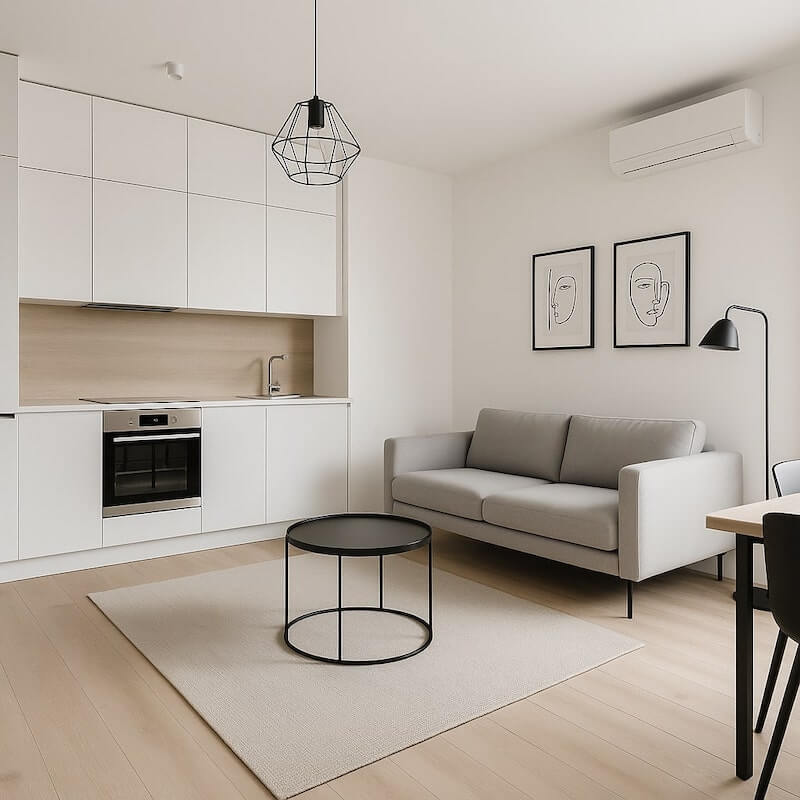 Nowoczesny, jasny salon z aneksem Salon z aneksem kuchennym 22 m2 w stylu nowoczesnym