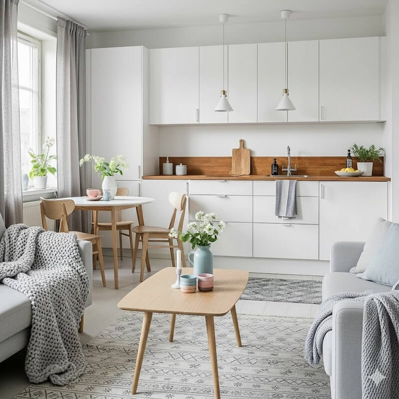 Skandynawski salon z aneksem kuchennym 22 m2 Salon z aneksem w stylu skandynawskim