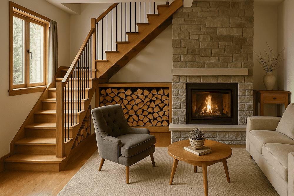pokój z kanapą obok kominka i schodów z drewnem salon rustykalny z kominkiem i ułożonym drewnem pod schodami