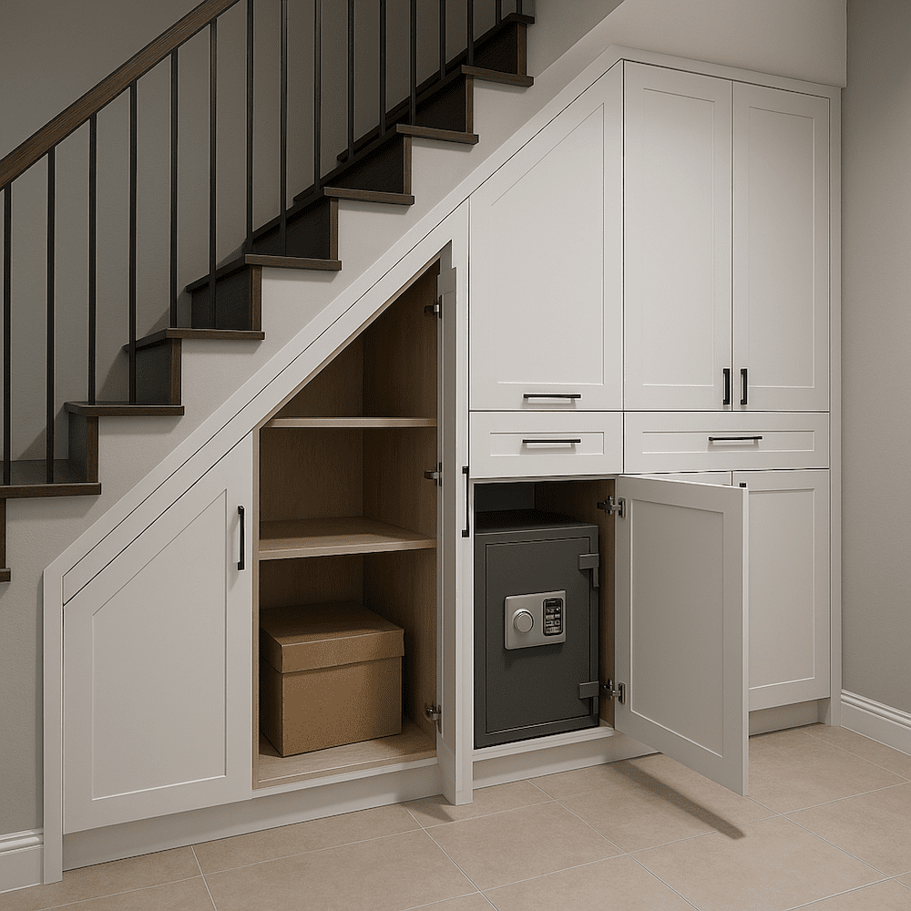 zabudowa pod schodami z białymi szafkami i uchwytami sejf pod schodami w zamykanej szafce