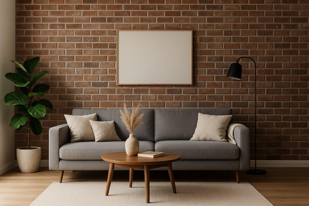 Ściana z cegły naturalnej w salonie